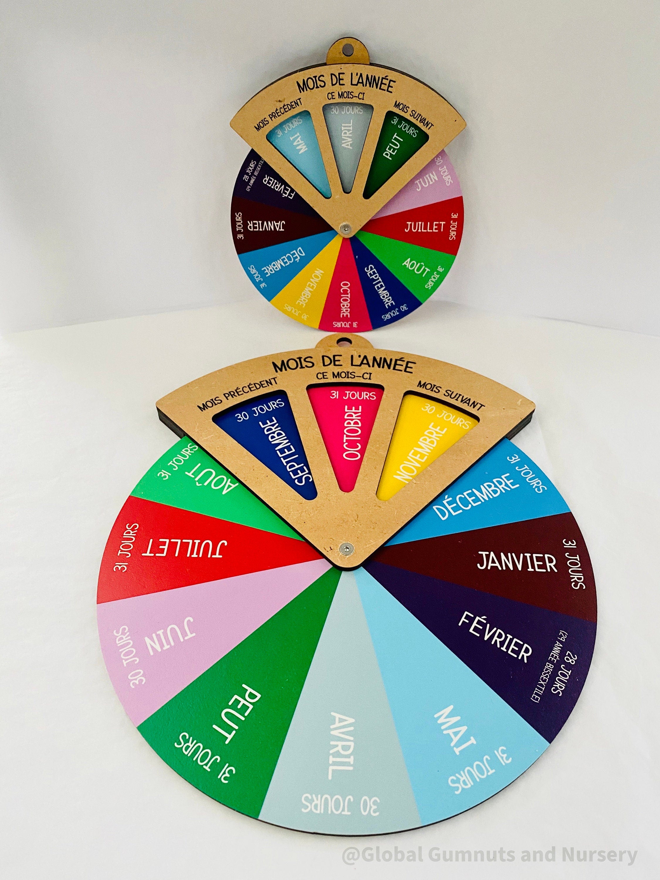 Months of the Year Wheel (French): Spinner dial for learning months in French.
