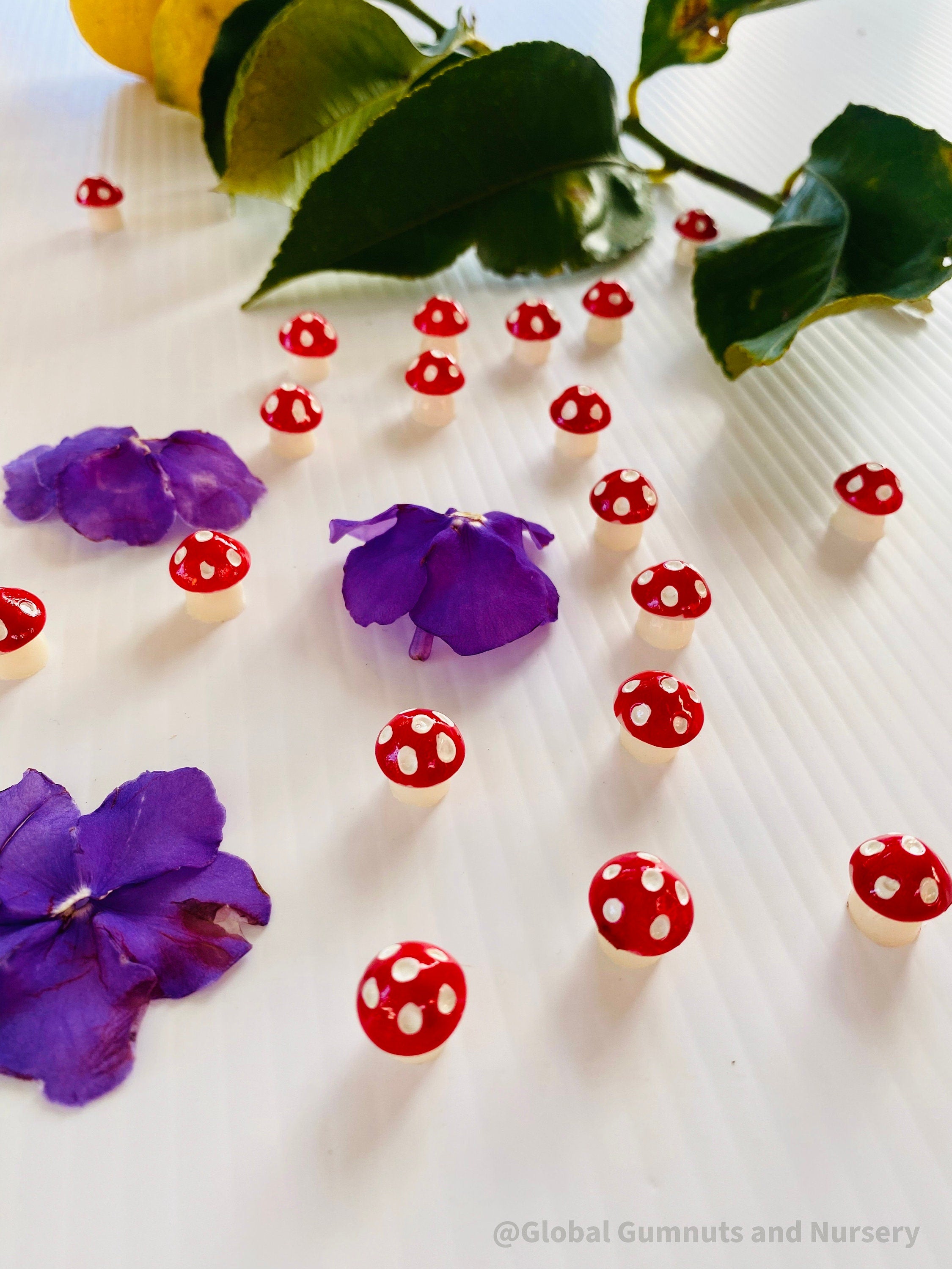 Red Resin Mushrooms: Miniature red resin mushrooms for fairy gardens and crafts.