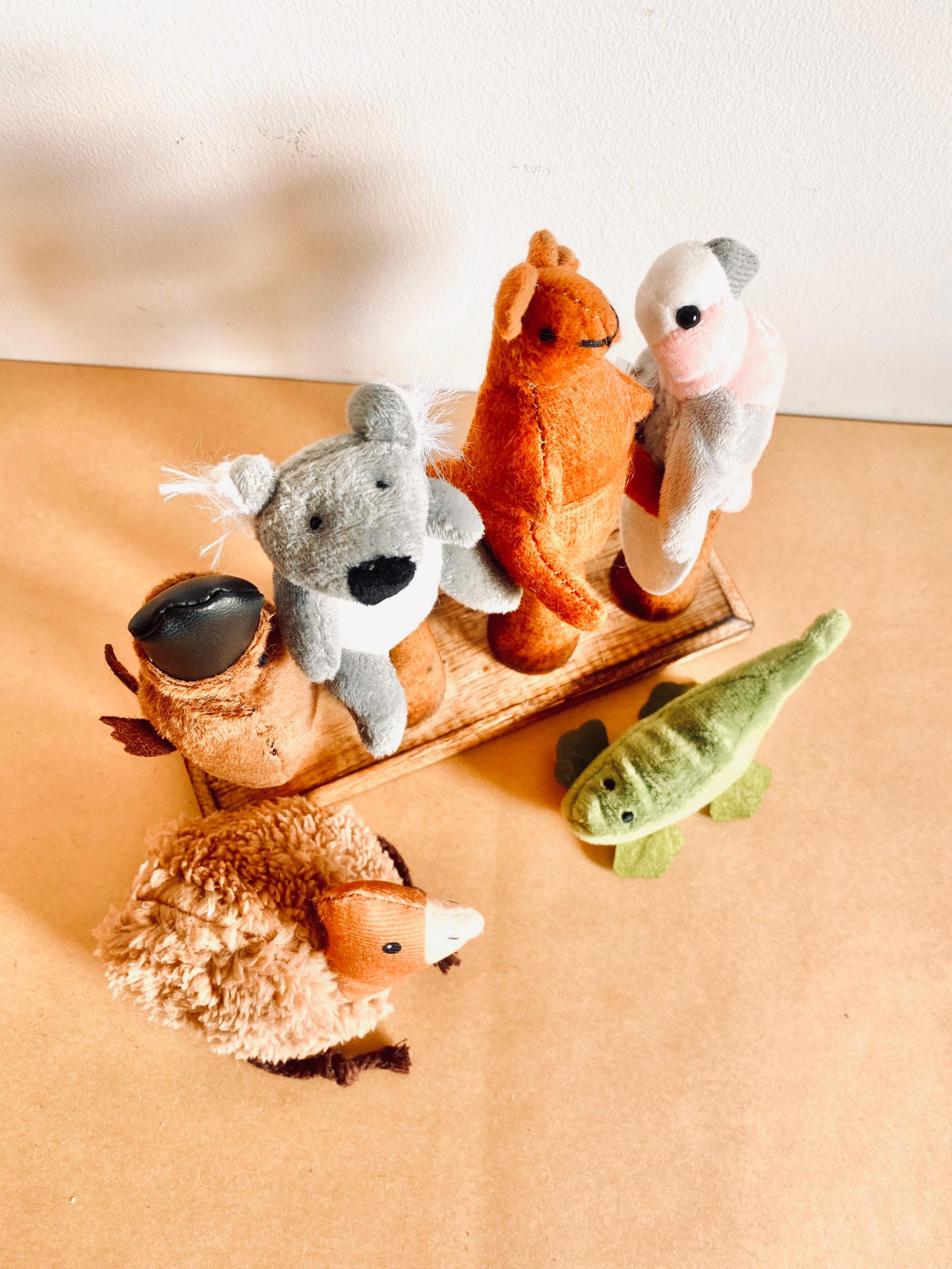 Velvet Australian animal finger puppets (set of 6), cozy toys for imaginative play.

