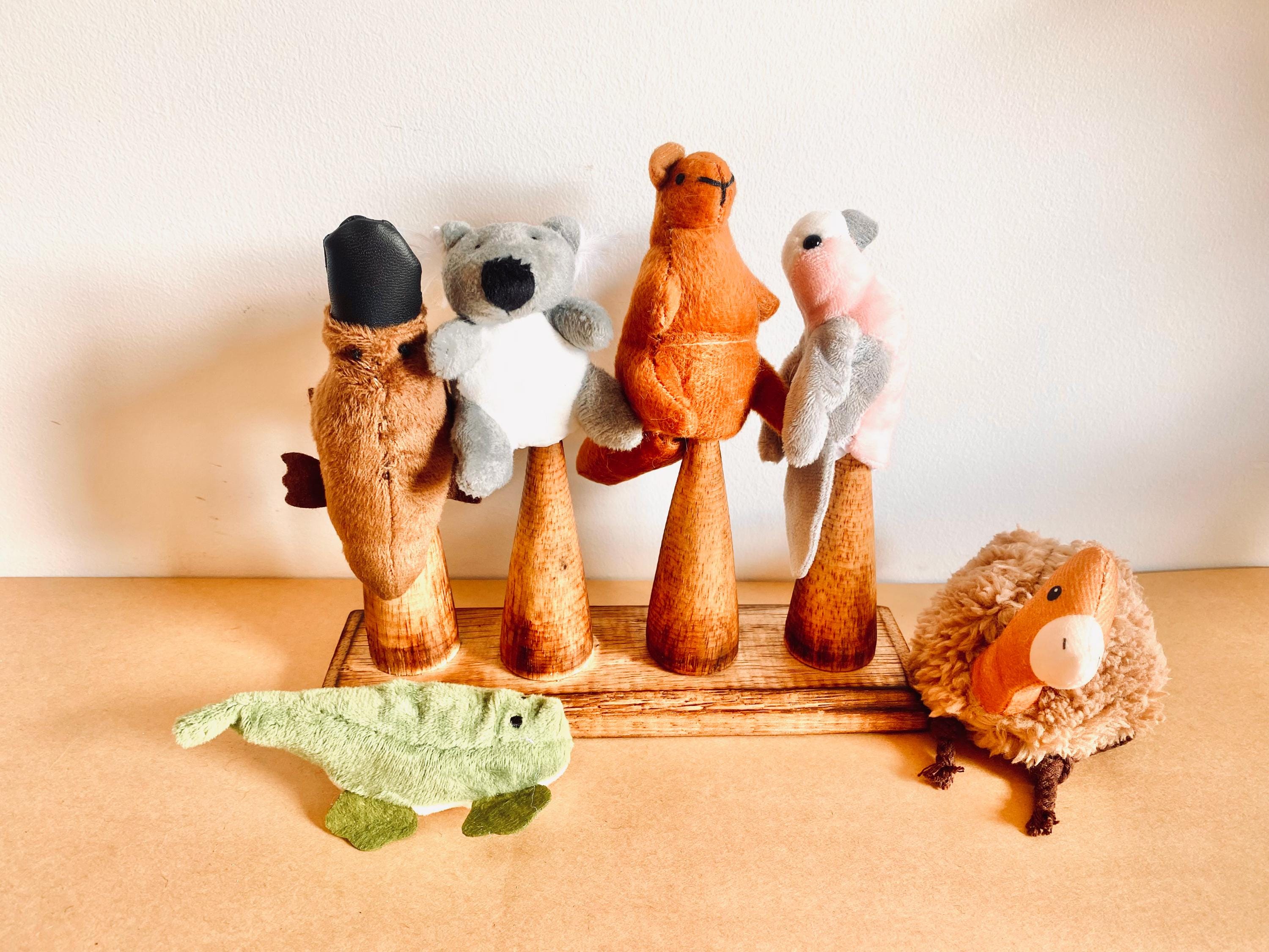 Velvet Australian animal finger puppets (set of 6), cozy toys for imaginative play.
