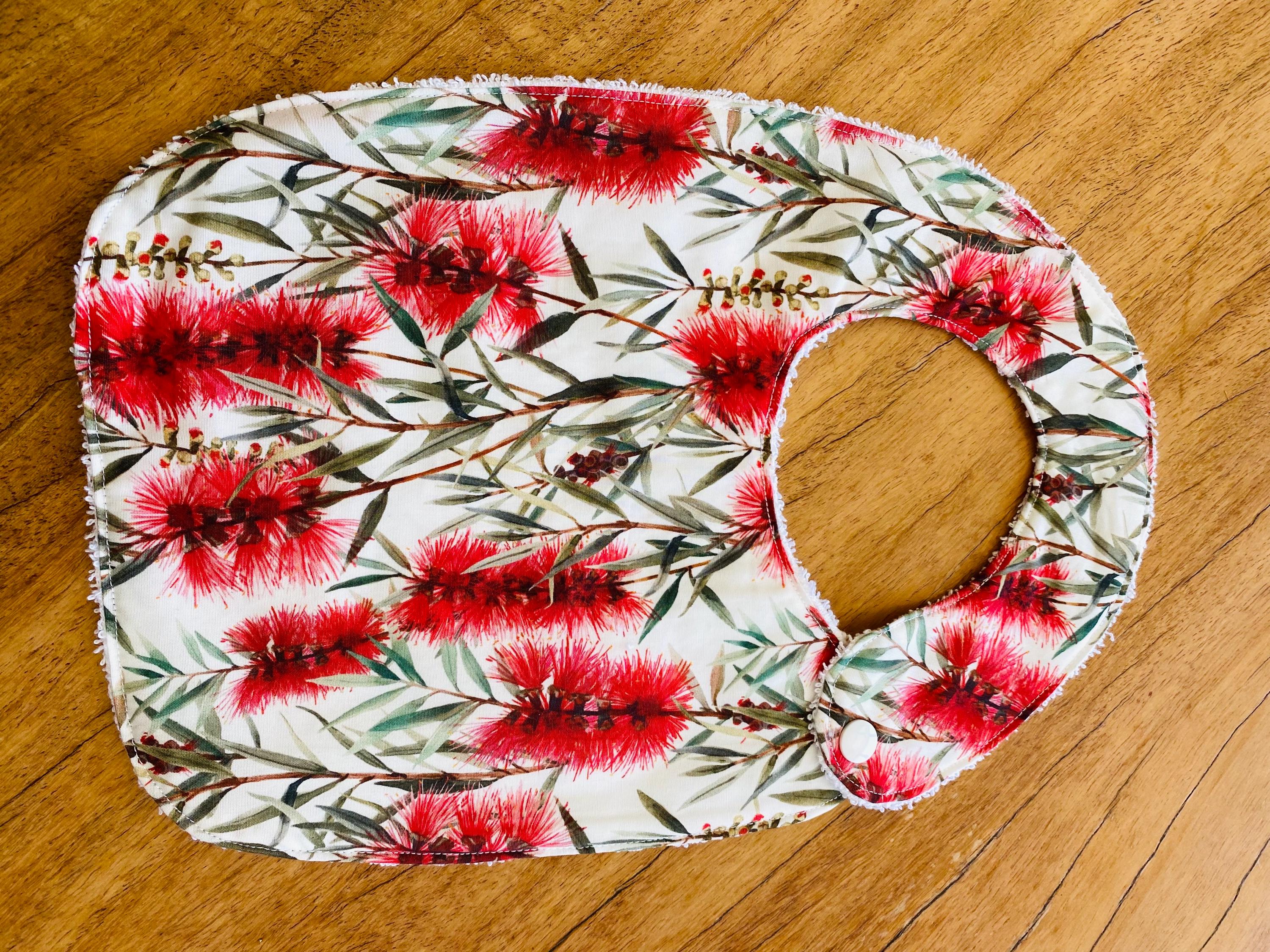 Bottlebrush Luxury Bib: Handmade bib inspired by native flora.