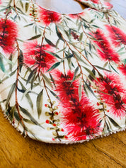Bottlebrush Luxury Bib: Handmade bib inspired by native flora.