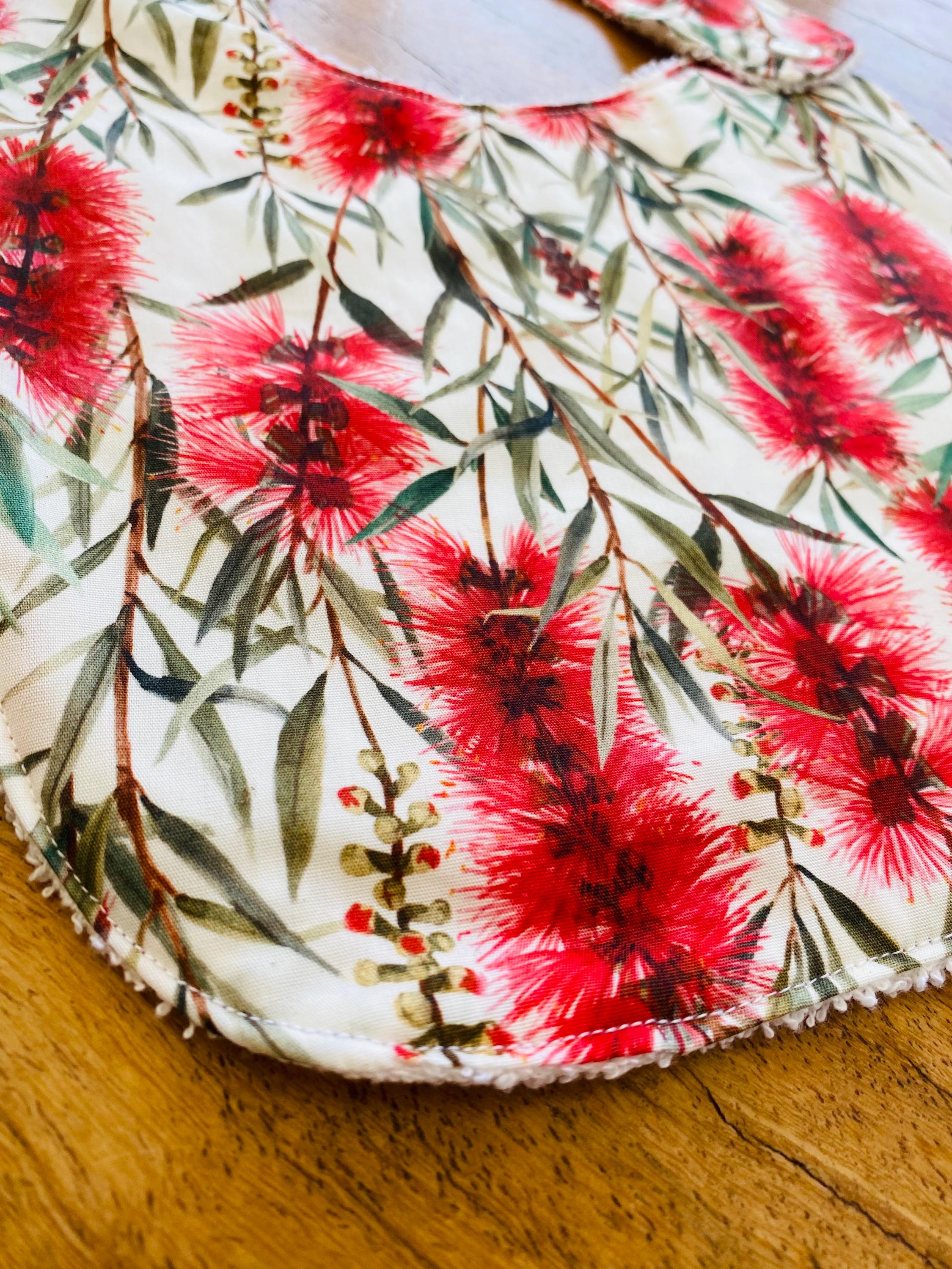 Bottlebrush Luxury Bib: Handmade bib inspired by native flora.