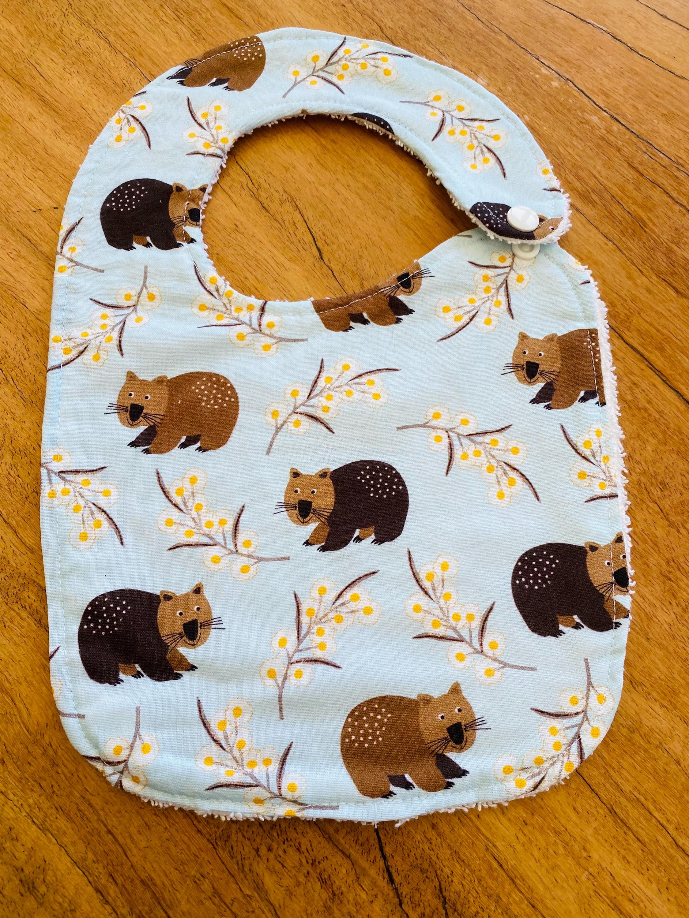 Wombat Luxury Bib: Handmade luxury bib with wombat print.