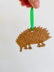 Echidna Australian Christmas Ornament: Handcrafted wooden echidna Christmas tree ornament, inspired by Australia's native wildlife.