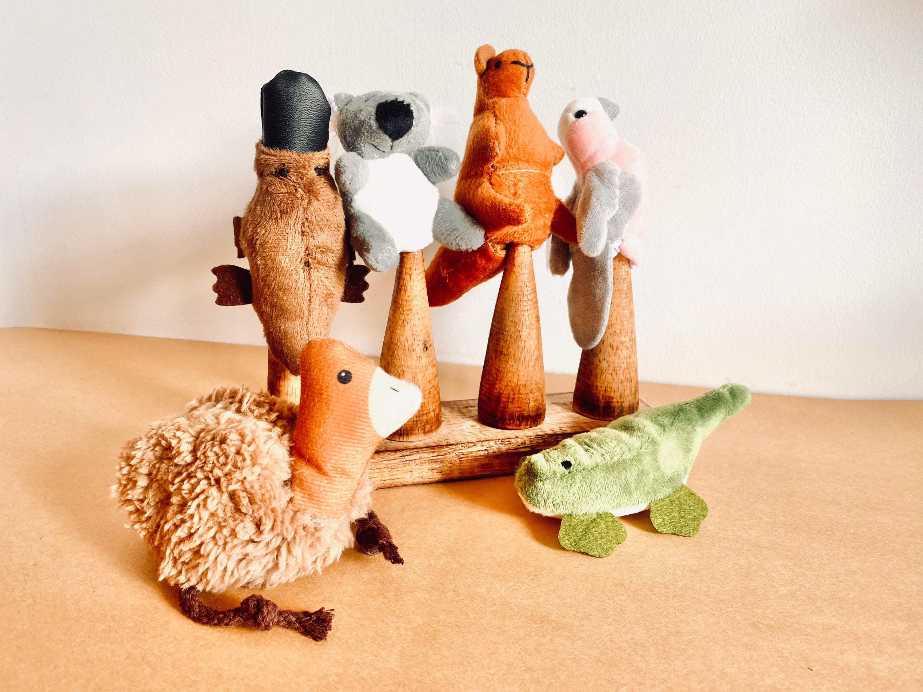 Velvet Australian animal finger puppets (set of 6), cozy toys for imaginative play.
