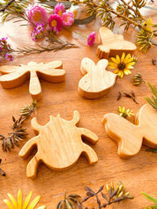 wooden insects set: five-piece set of dragonfly, beetle, and butterfly wooden figures for imaginative play.