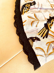 Black Cockatoo Skirt: Australian-themed cotton skirt with a black cockatoo pattern, handmade with a touch of charm.