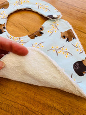 Wombat Luxury Bib: Handmade luxury bib with wombat print.