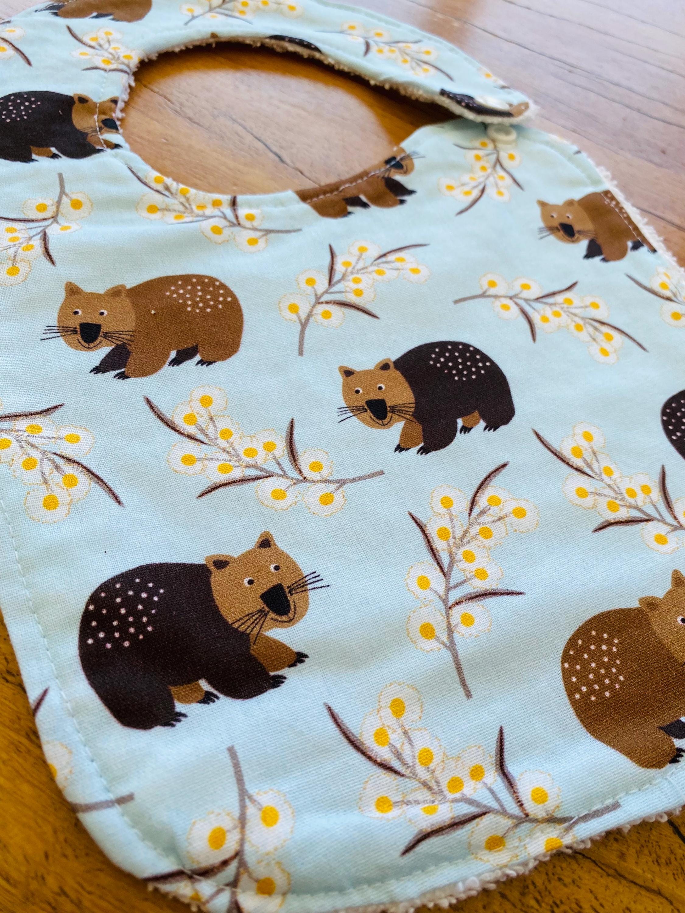 Wombat Luxury Bib: Handmade luxury bib with wombat print.