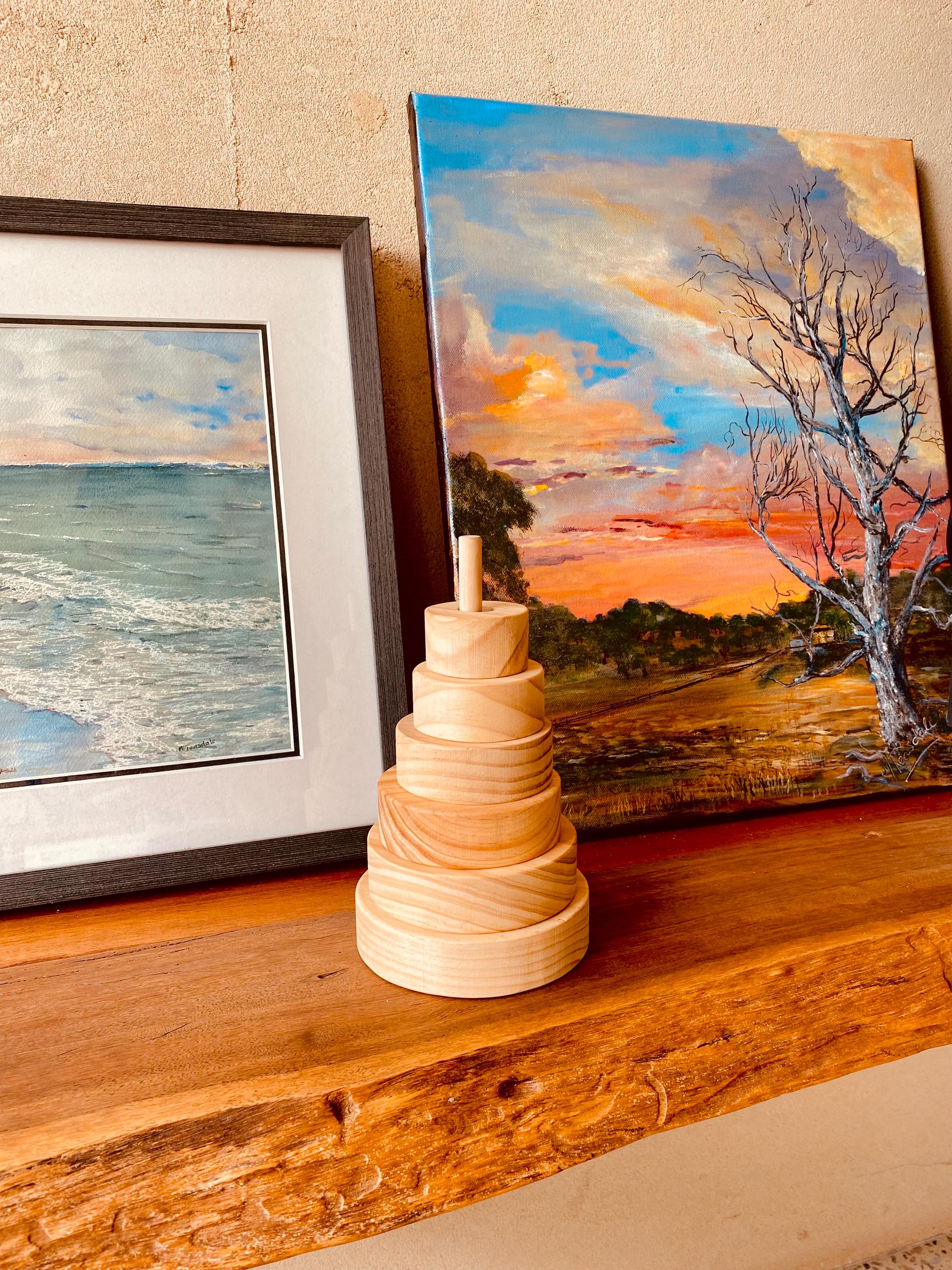 Natural Wooden Stacker: Customizable stacker with a personalized name option.