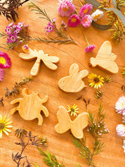 wooden insects set: five-piece set of dragonfly, beetle, and butterfly wooden figures for imaginative play.