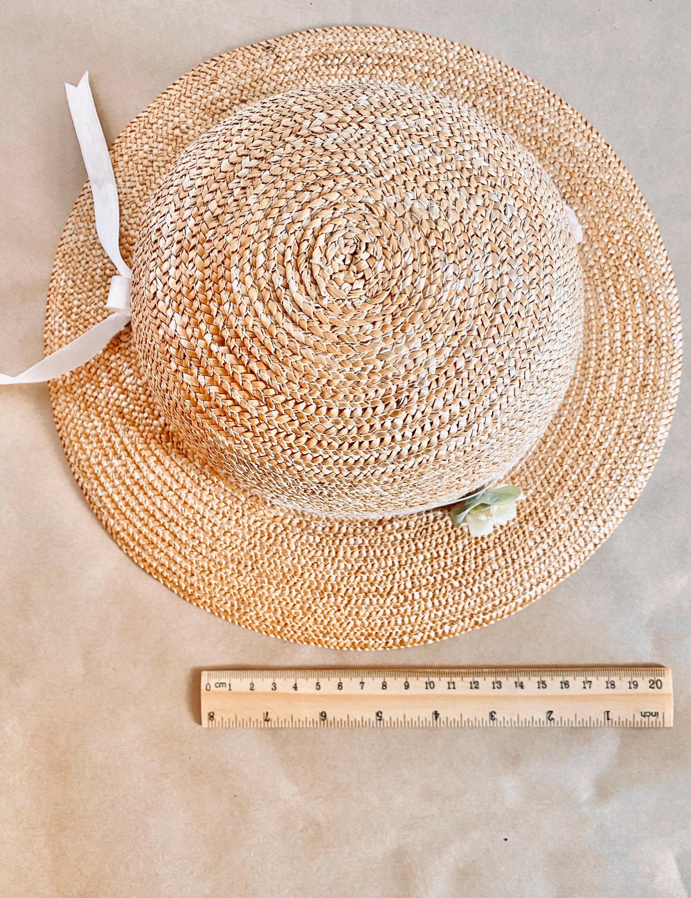 Straw hat with ribbon and floral accents, perfect for crafting, wall decor, or doll dress-up.
