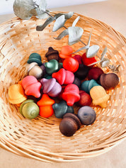 Rainbow wooden acorns, 31 vibrant pieces for play and learning.
